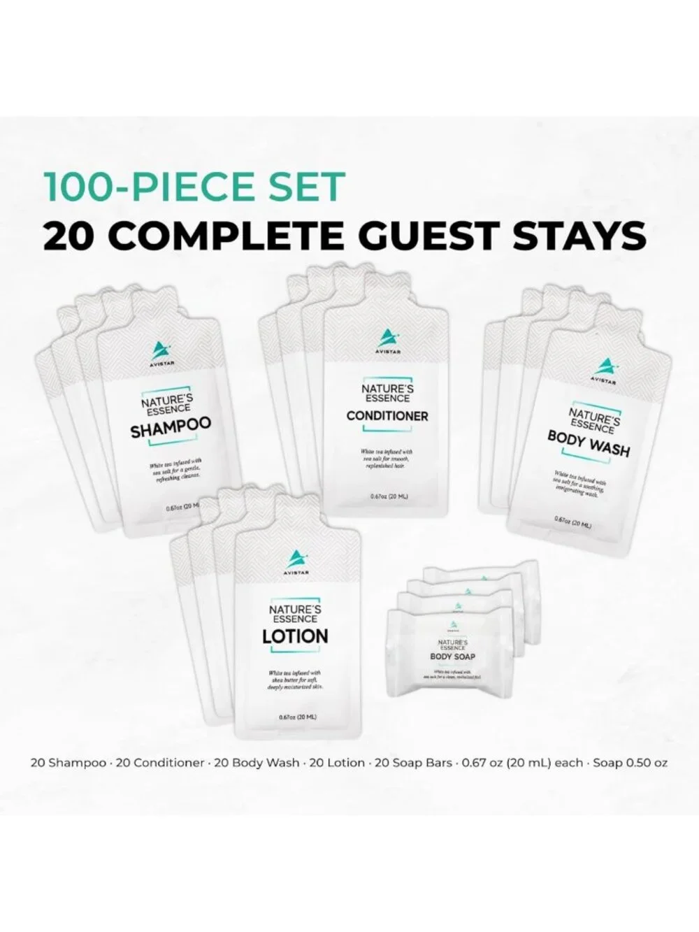 100 Bulk Travel Size Toiletries Set - Essential Hotel Shampoo, Conditioner